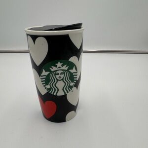 Starbucks Hearts Ceramic Travel Mug 12 oz Black White Red w Lid 2015